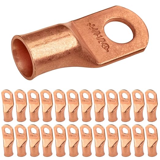 SELTERM 25pcs 4/0 AWG 1/2" Stud Battery Lugs, Ring Terminals, Heavy Duty Copper Wire Lugs, Battery Cable Ends, 0000 Gauge Ring Terminal Connectors, UL Bare Copper Eyelets Electrical Battery Cable Lugs