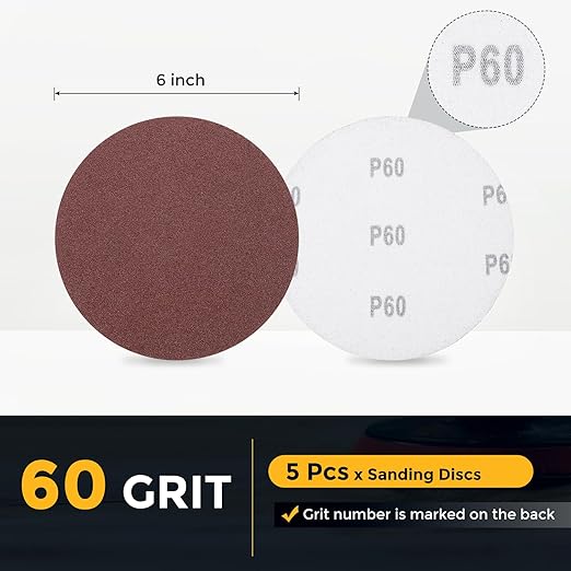 HARFINGTON 5 Pcs 6 Inch Sanding Disc 60 Grit Hook and Loop Sandpaper Random Orbital Sander Pads for Woodworking Automotive Metal Polishing