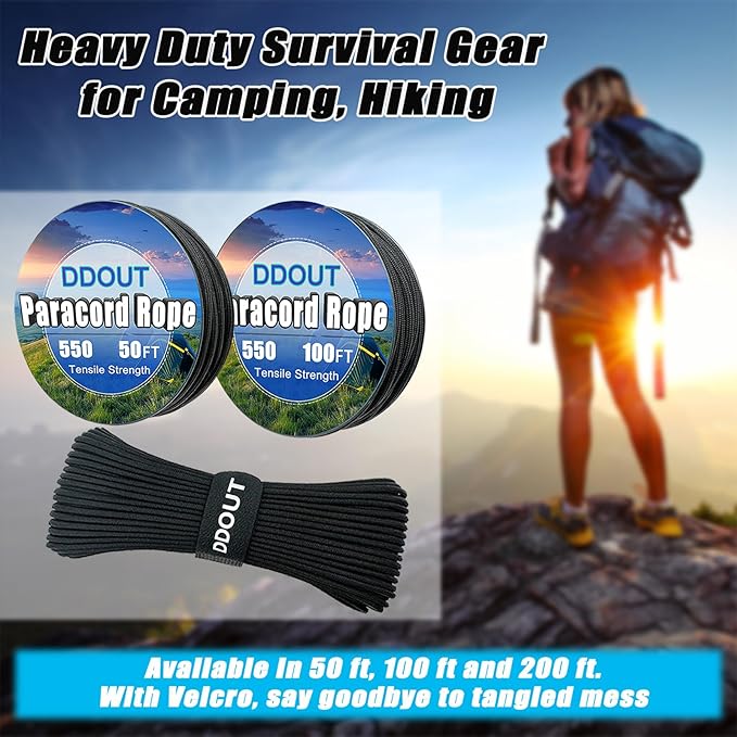Paracord Nylon Rope with 7-Strand Core, 10 Colors and 50/100/200 ft, Type III Parachute Cord 4mm for Camping, Survival, Hiking, DIY, Crafting, Outdoor Utility Black 100ft