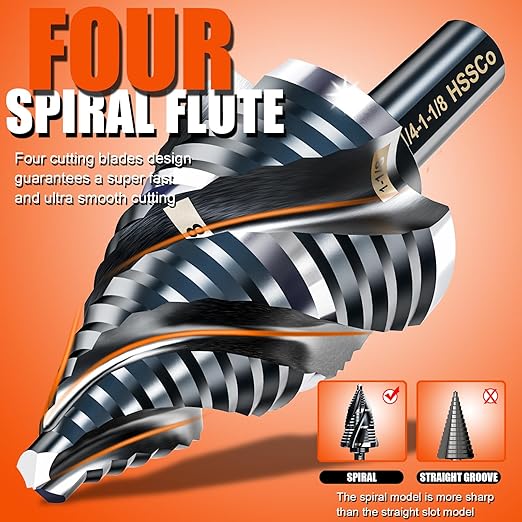 Four Spiral Flute Step Drill Bit for Metal,M35 Cobalt Unibit Step Drill Bit Set 1/4" - 1-1/8"(15 Sizes),Wear-Resistant AlTiN Coated,3/8" Hex Shank for Metal, Stainless Steel, Aluminum, Plastic