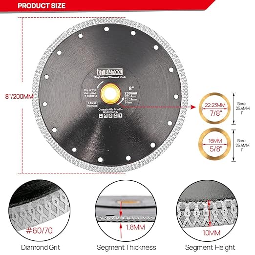 DT-DIATOOL Diamond Tile Blade 8 Inch Diamond Turbo X Mesh Rim Segement Circular Saw Blade for Procelain Ceramic Stoneware Marble Granite Fits 5/8"-7/8" Arbor