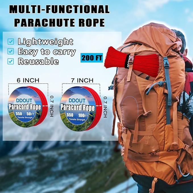 Paracord Nylon Rope Red 200ft with 7-Strand Core, 10 Colors and 50/100/200 ft, Type III Parachute Cord 4mm for Camping, Survival, Hiking, DIY, Crafting, Outdoor Utility Rope