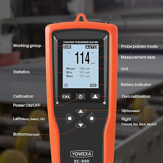 EC-900 Professional Coating Thickness Gauge with External Ruby Wear-Resistant Probe, Paint Depth Meter with Fe 0-5000μm, Non-Fe 0-3000μm Measuring Range, USB Data Transfer