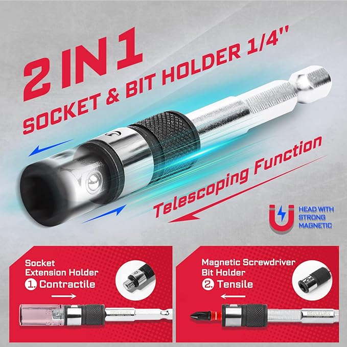 42Pieces Impact Screwdriver Bit & Socket Set with Mini Ratcheting Wrench, 30Pcs Impact S2 Screwdriver Bits Set, 5Pcs SAE & Metric Sockets and 2-In-1 Bit Extension Holder Repair Tools
