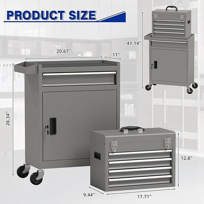 5 Drawer Tools Chest, Tool Cabinet with Universal Lockable Wheels，Tool Box with Detachable Top Box for Workshop (Gray)