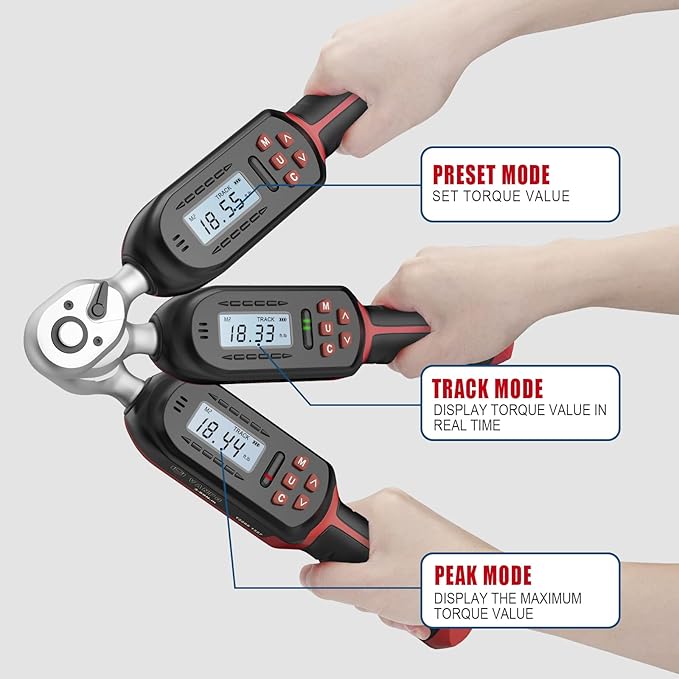 3/8 Inch Digital Torque Wrench with Preset Values, 2.2-44.3 Ft-lbs/3-60Nm, Buzzer and LED Notification, Small Electronic Torque Wrench for Motorcycles