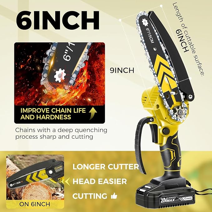 Saker Mini Chainsaw,6 Inch Portable Electric Chainsaw Cordless, Small Handheld Chain saw for Tree Branches,Courtyard, Household and Garden (SK1806D-Y)