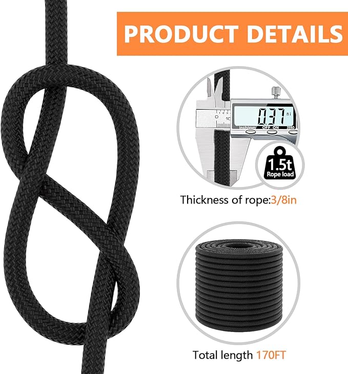 X XBEN Braided Polyester Arborist Rope 3/8 inch X 170ft, 48 Strands, 3430 LBS Breaking Strength Outdoor Ropes, Arborist Rigging Rope for Rock Hiking Camping Swing Tree Rescue,Black