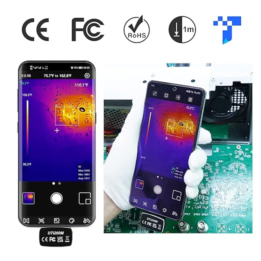UNI-T Thermal Camera Android USB-C 256x192 IR High Resolution Infrared Cameras Thermal Imaging Camera for Smartphones, Thermal Imager 7 Palettes 25Hz Refresh Rate 49152 Pixels, Video Record, UTi260M