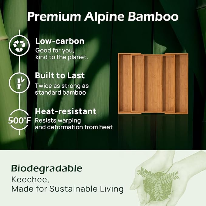 Carbonized Bamboo Kitchen Drawer Organizer, 5 Slots Expandable Silverware Organizer, Utensil Holder & Cutlery Tray, 2.2" Deep for Extra Capacity, Non-Slip Feet Included