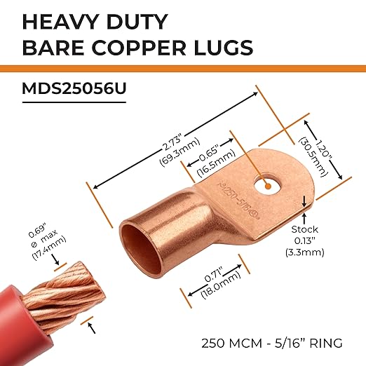 SELTERM 10pcs 250 MCM - 5/16" Stud - Battery Lugs, Heavy Duty Wire Lugs, Ring Terminals, Battery Cable Ends,250 kcmil Terminals, UL Bare Copper Eyelets Electrical Battery Terminal Connectors