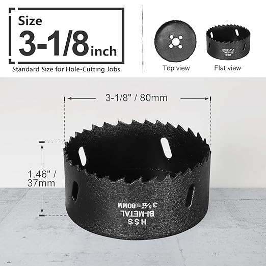 3-1/8 Inch Hole Saw with 3/8" Triangle Shank Quick Change Arbor, JTemgle Bi-Metal Hole Saw Heavy Duty Hole Cutting Tool for Cornhole Boards, Recessed Lights, Wood, Plastic, Drywall & Soft Metal