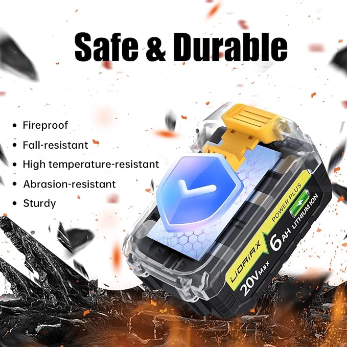 2 Pack 100% True 6.0Ah Capacity Lithium Ion Replacement Battery for Dewalt 20V Max Battery, High Power Cell for DCB200 DCB201 DCB203 DCB204 DCB207 DCB181 DCB180 DCD/DCF/DCG Series Tools