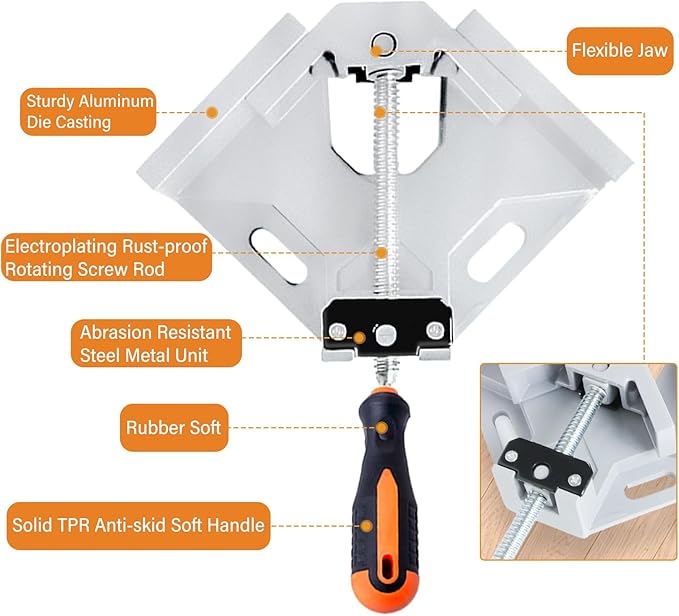 4PCS 90° Right Angle Corner Clamps – Heavy Duty Aluminum Alloy Adjustable Woodworking Clamps with 2.75" Jaw Opening for Welding, Cabinets, Picture Frames, Furniture Assembly, DIY Projects