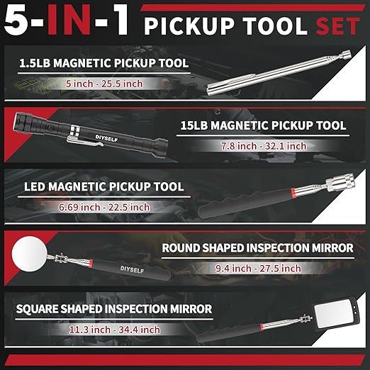 DIYSELF Telescoping Magnetic Pickup Tool, Flexible LED Magnetic Pickup Tool with 360 Swivel Adjustable Inspection Mirror, Telescoping Magnet for Men, Great Gifts for Dad, Husband, 5-in-1 Set