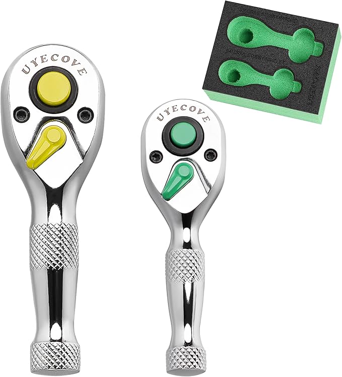 Ratchet Set- 2 Pcs: 1/4" & 3/8" Drive, 72-Tooth Reversible Small Ratchet Wrench Tray