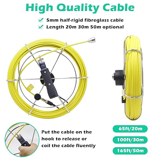 Sanyipace Sewer Camera 65FT/20M with DVR Recorder, Pipe Inspection Scope with Lights, IP68 Waterproof Camera Probe, 9" Color Screen, 16GB TF Card, Guide Wheel