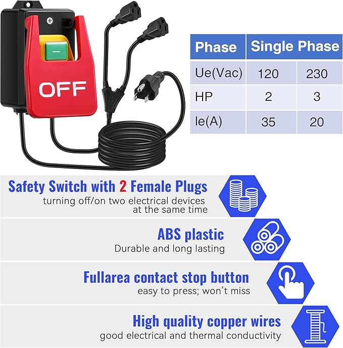 Dreyoo 2 Pack 120/230V Single Phase On/0ff switch, 120V 2HP Router Table Switch with Large Stop Sign Paddle Easy Contact for Fast Power Off for Table Saw and Other Electrical Equipment (2 Female Plug)