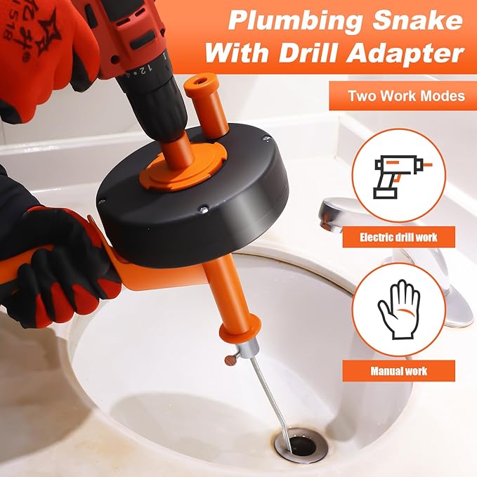 Drain Auger, 35FT Drain Snake with Drill Adapter, Plumbing Snake Clog Remover with Work Gloves, Manual or Powered Use for Kitchen