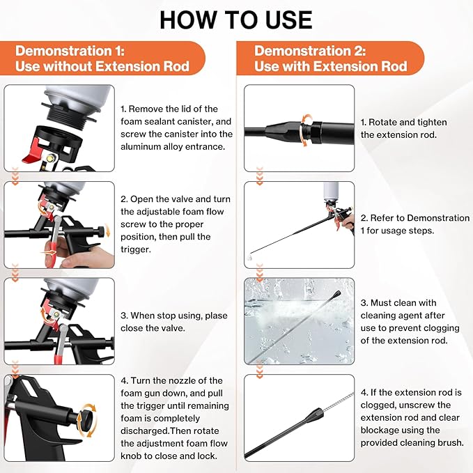Lytool 2pcs Spray Foam Gun Kit with 12.6" Extension Rods and 15.7" Cleaning Brushes Copper Nozzle PTFE Coated Barrel Adjustable Caulking Gun for Insulation and Sealing Compatible with PU Foam Cans