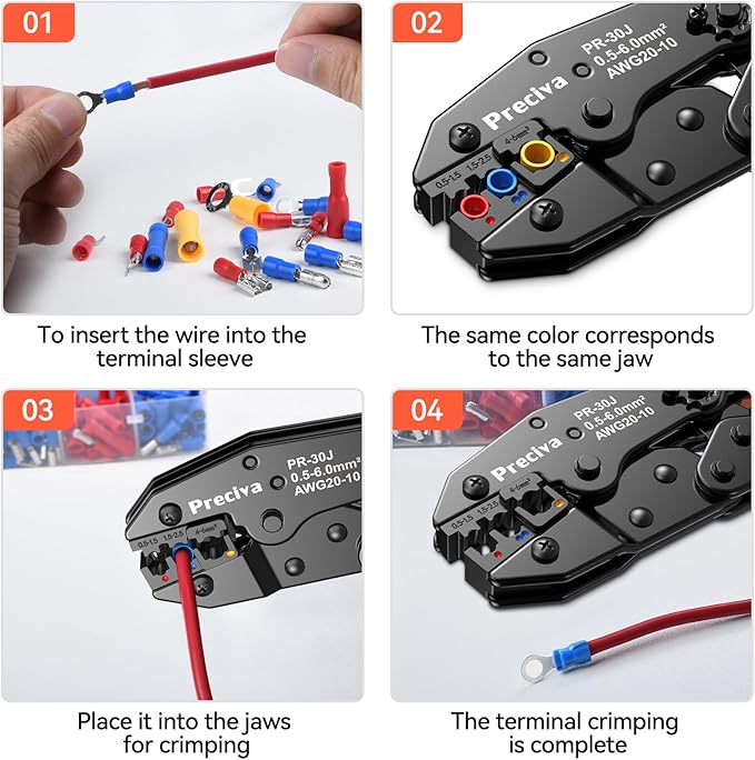 Wire Terminals Crimping Tool Kit with New Handle Design, Preciva AWG20-10 Insulated Ratcheting Crimper Tool with 370PCS Insulated Wire Connectors (USRC50371)