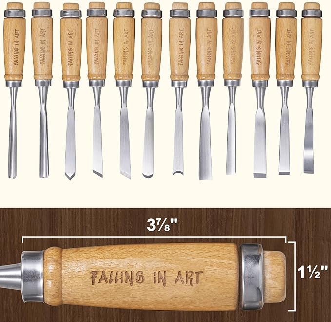Falling in Art 12Pcs Wooden Carving Chisel Set, Woodworking Tools Set with a Leather Pouch, Full Size Knife Gouge Kit for Carving Projects, Ideal for Beginners and Professionals