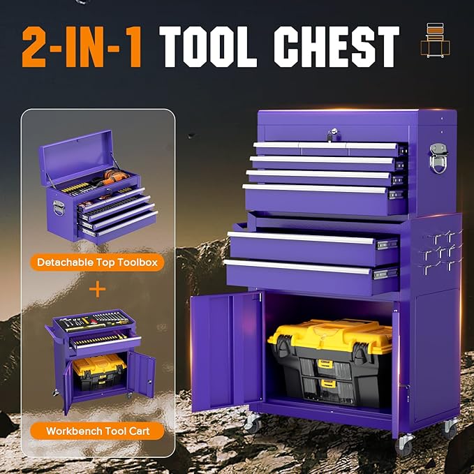 Crownland 8-Drawer Rolling Tool Chest with Wheels, Lockable 2 in 1 Detachable Tool Cabinet wit Drawers and Black Liners, Garage Top Toolbox & Bottom Storage Cart with Side Hooks(Purple)