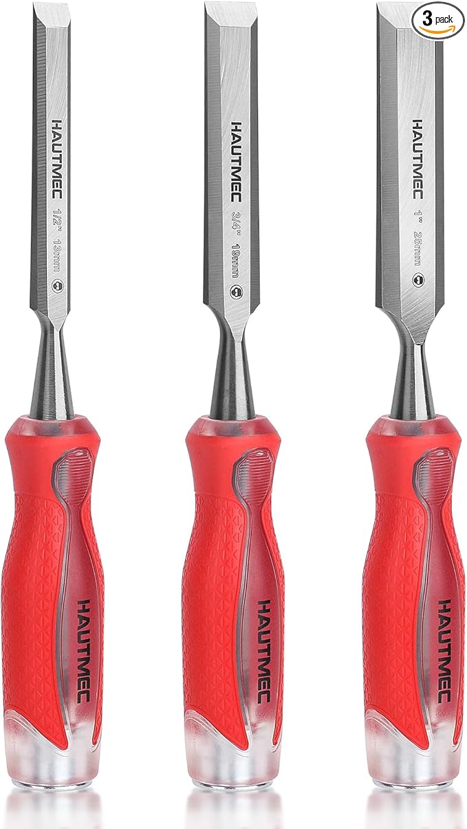 HAUTMEC 3-Piece Wood Chisel Set – High-Impact Drop-Forged CRV Steel, Fully Polished Beveled Edge Blades, Heavy-Duty Strike Cap & Extended Anti-Skid Handle – HT0364