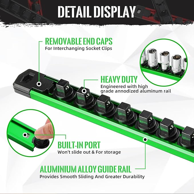 Magnetic Socket Organizer, 3-Piece Heavty Duty Aluminum Socket Holder, Socket Rail for Tool Box, Premium Quality 360° Swivel Socket Rack with 42 Clips for 1/4-Inch(Green)