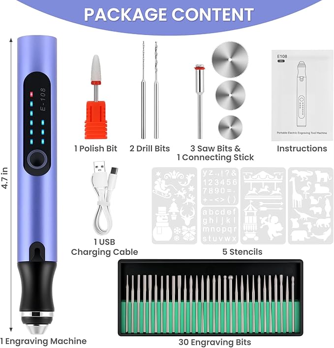 Electric Engraving Pen with 37 Bits, USB Rechargeable Cordless Etching Engraving Tool, Portable DIY Rotary Engraver for Jewelry Wood Glass Stone Carving (Purple)