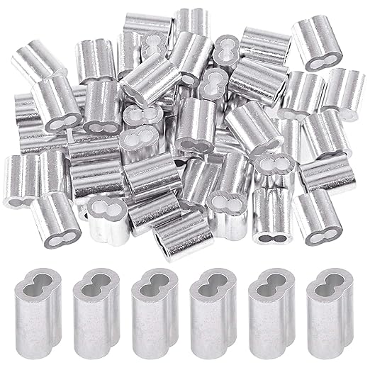 Glarks 150Pcs 1/8''(3mm) Aluminum Crimping Loop Sleeve Wire Rope Sleeves Double Barrel Ferrule for Wire Rope and Cable Line End (1/8''-150Pcs)