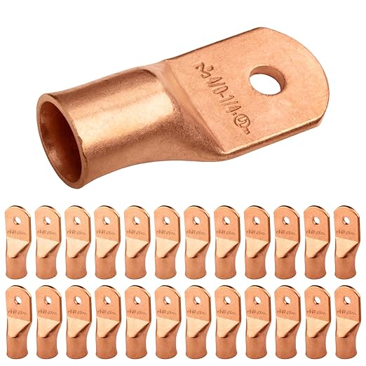 SELTERM 25pcs 4/0 AWG 1/4" Stud Battery Lugs, Ring Terminals, Heavy Duty Copper Wire Lugs, Battery Cable Ends, 0000 Gauge Ring Terminal Connectors, UL Bare Copper Eyelets Electrical Battery Cable Lugs