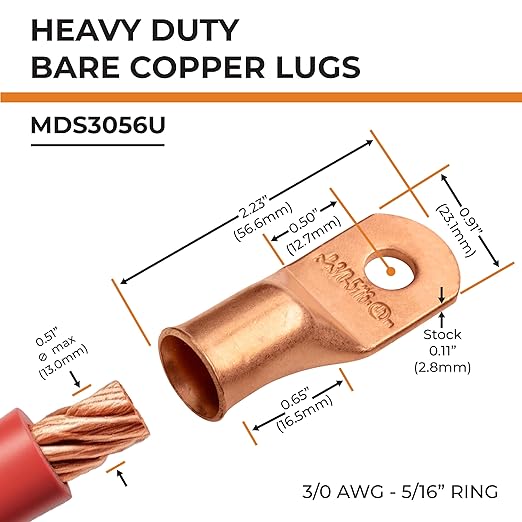 SELTERM 2pcs 3/0 AWG 5/16" Stud Copper Wire Lugs, Battery Lugs, Ring Terminals, Battery Cable Ends, 000 Gauge Ring Terminal Connectors, UL Heavy Duty Bare Copper Eyelets Battery Terminal Connectors