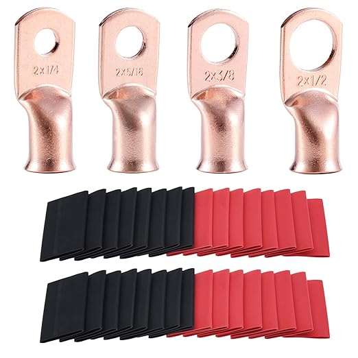 62PCS 2 AWG Ring Terminal Connectors Battery Copper Wire Lugs 2 Gauge 5/16", 3/8", 1/4", 1/2" with Heat Shrink Tubing Set, 30Pcs Battery Cable Ends and 32PCS Heat Shrink Tubing
