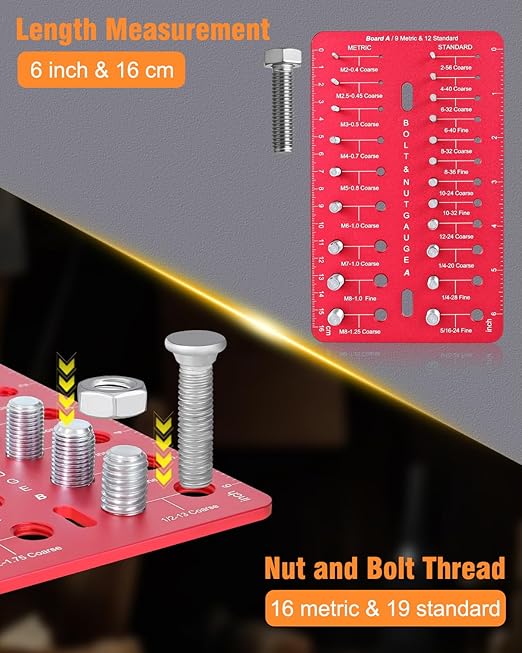 Thread Checker, Nut and Bolt Thread Checker with 19 Standard and 16 Metric Sizes, Bolt Size Finder and Thread Gauge with Inch and Centimeter Ruler