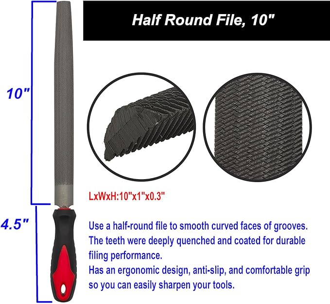 Bastard Cut Metal Files,10In. Half Round,Flat,Round,American Pattern File,T-12 Hardened Steel,Deeply Quenched Teeth to Sharpen Tools and Deburr,Ideal for Wood, Metal, Plastic