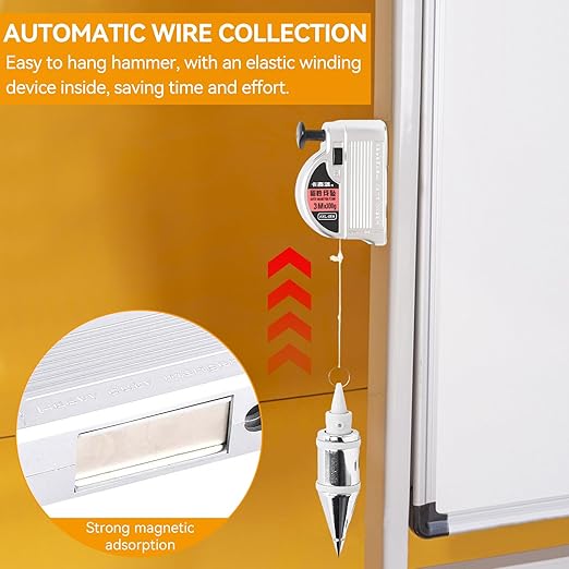 Magnetic Plumb Bob with String, Plumb Bob Reel Retractable Plumb Line Tool, 8m/ 26ft Automatically Stretch Line Quickly Stabilize Plumb Bob Tool for Construction Building Line