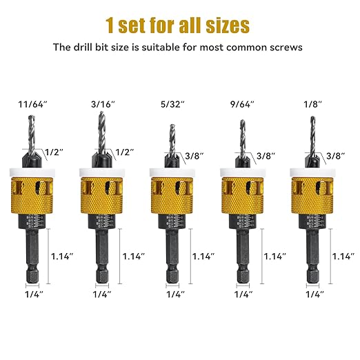 5 Pcs Countersink Drill Bit Set with Low Friction Depth Stop, HSS M2 Bits Tapered Head1/8 9/64" 5/32" Drill+3/8” 82° Counter-Bore,11/64" 3/16" Drill+ 1/2" 82° Counter Bore,1/4” Hex Shank (Yellow)