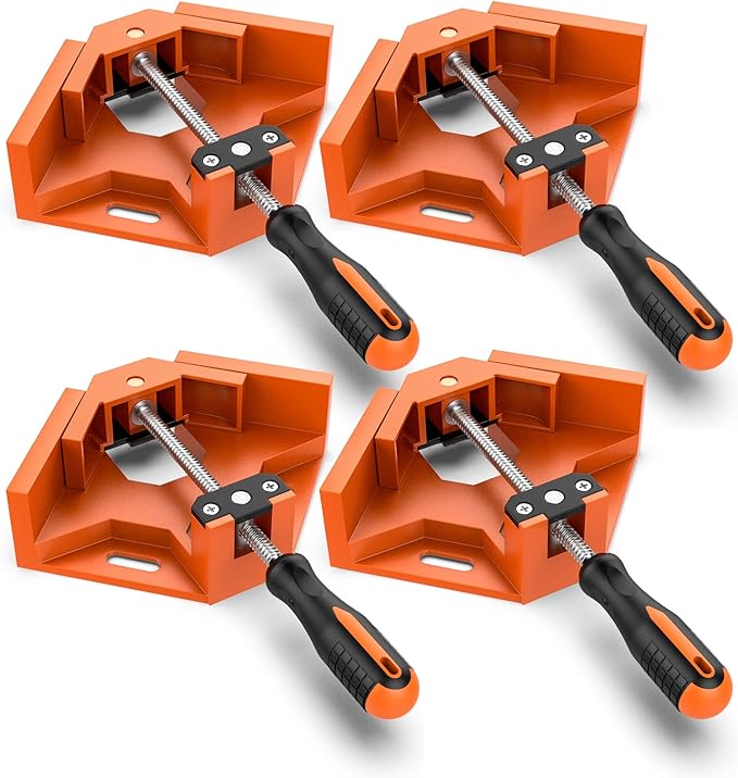 Right Angle Clamp, Housolution [4 PACK] Single Handle 90° Aluminum Alloy Corner Clamp, Right Angle Clip Clamp Tool Woodworking Photo Frame Vise Holder with Adjustable Swing Jaw - Orange