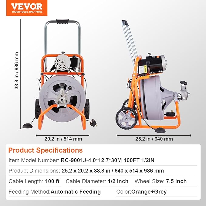 VEVOR Drain Cleaner Machine 100FT x 1/2 Inch, Auto Feed Sewer Snake Drain Auger on Wheels, Portable Drain Cleaning Machine with 8 Cutters & Air-activated Foot Switch for 2" to 4" Pipes