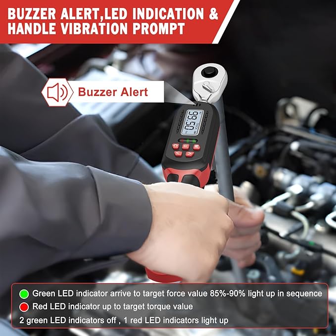 Digital Torque Wrench 3/8 Inch drive(5-99.5 ft-lbs./6.8-135Nm), ±2% Torque Accuracy, Electronic Torque Wrench with Preset Value, Buzzer and LED Notification for Automotive Motorcycle & Bicycle