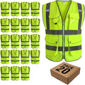 JKSafety 20 Pack 9 Pockets Class 2 High Visibility Zipper Front Safety Vest With Reflective Strips,Meets ANSI/ISEA Standard (2X-Large 156-Yellow)