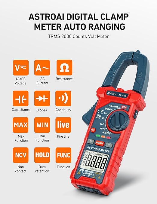 AstroAI Digital Clamp Meter Multimeter 2000 Counts Amp Voltage Tester Auto-ranging with AC/DC Voltage, AC Current, Resistance, Capacitance, Continuity, Live Wire Test, NCV, Blue