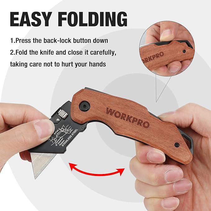 WORKPRO Folding Utility Knife with Stainless Steel Head, Quick-change Blade & Back Lock, Wood Handle Heavy Duty Box Cutter, 1PC Razor Knife with Extra 10PC SK5 Blades