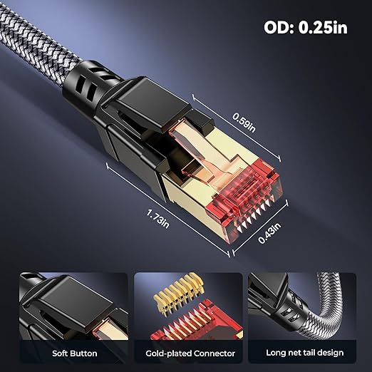 Cat 8 Ethernet Cable 12 ft, 40Gbps 2000Mhz High Speed Gigabit LAN Internet Cables,RJ45 Patch Cord Braided Round S/FTP Network Cable,for Smart Home,Office,Gaming,Modem, Router