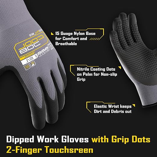 COOLJOB 6 Pairs Nitrile Rubber Dipped Safety Work Gloves with Grip Dots, Seamless Knit Nylon Gloves with 2 Fingers Touchscreen, Non-slip Coated for Warehouse, Home Improvement, Yard, Grey Small