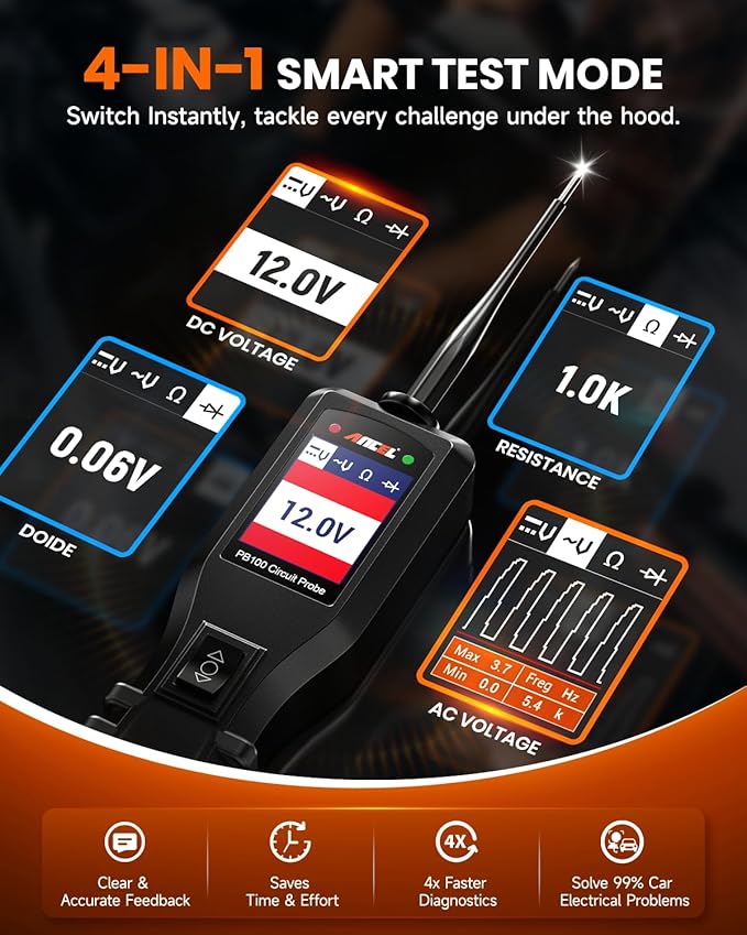 ANCEL PB100 Automotive Power Circuit Probe Tester, 12 24V Electrical Short/Open Breaker Finder, AC DC Diode Resistance Relay Tester, Continuity Test Digital Multimeter/Ohmmeters, 20 + 20FT Cable