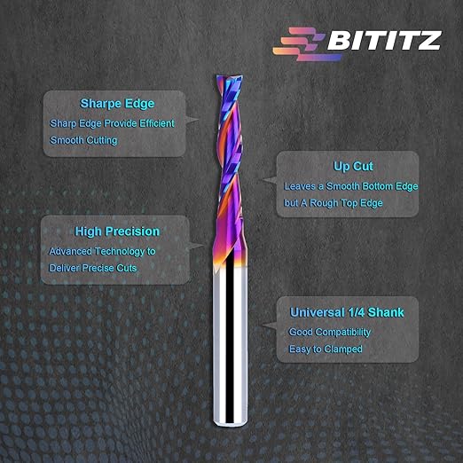 Upcut Spiral Router Bit 1/4 Inch Shank 3/16 Inch Cutting Diameter 1 inch Cutting Length with Extra Long Life Coating CNC Router Bits End Mill for Wood Cutting, Slot Mortise, Engraving