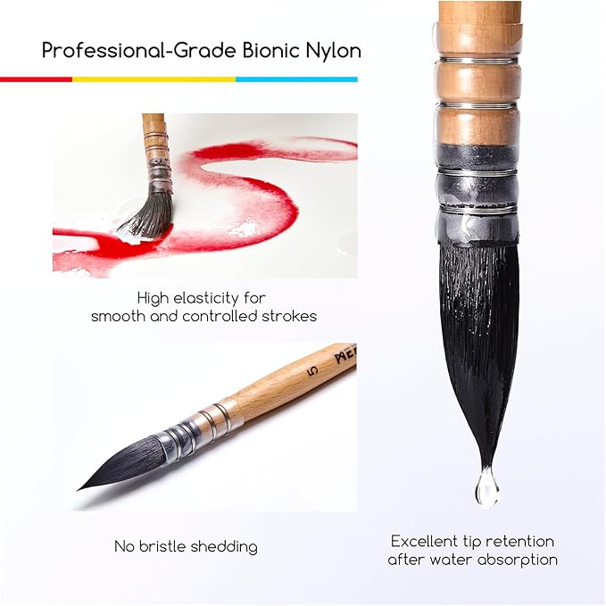 MEEDEN Watercolor Brushes Professional - Synthetic Squirrel Hair Artist Paint Brushes Set with Beech Wood Handle Great for Artists Hobbyists Size 2