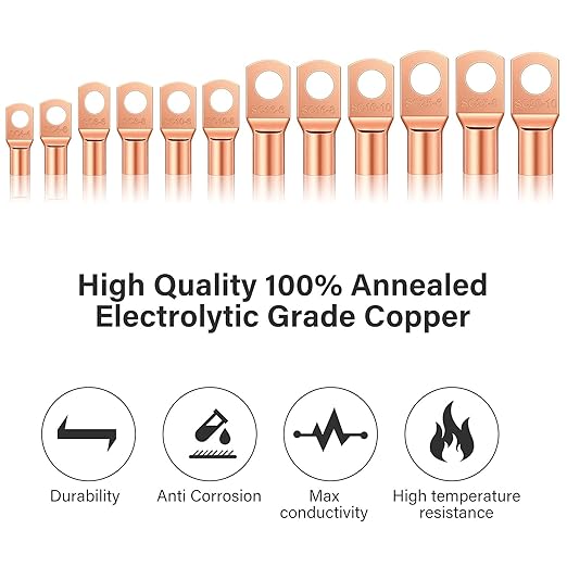 Ferraycle 200 Pieces Copper Battery Wire Lugs 12 Sizes Battery Cable Ends Eyelets Tubular Ring Terminal Connectors for Automotive Supplies